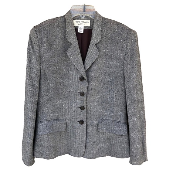 Rena Rowan For Saville Four Buttons Flap Pockets Gray White Tweed Jacket 8 - Picture 1 of 10